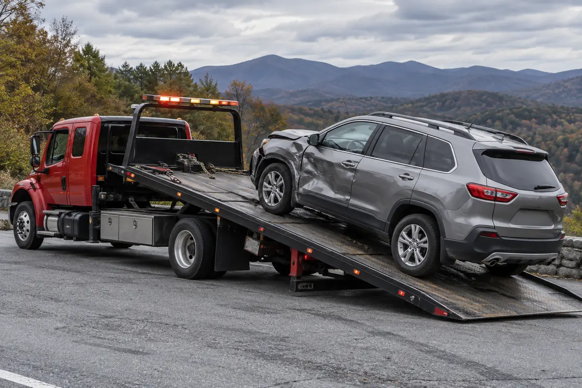 Flatbed truck loading a damaged SUV