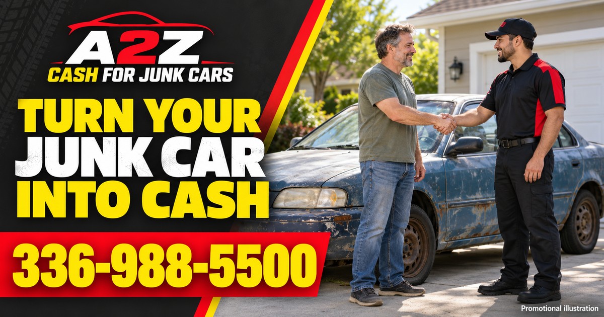Promotional illustration of a seller and buyer shaking hands beside an older car