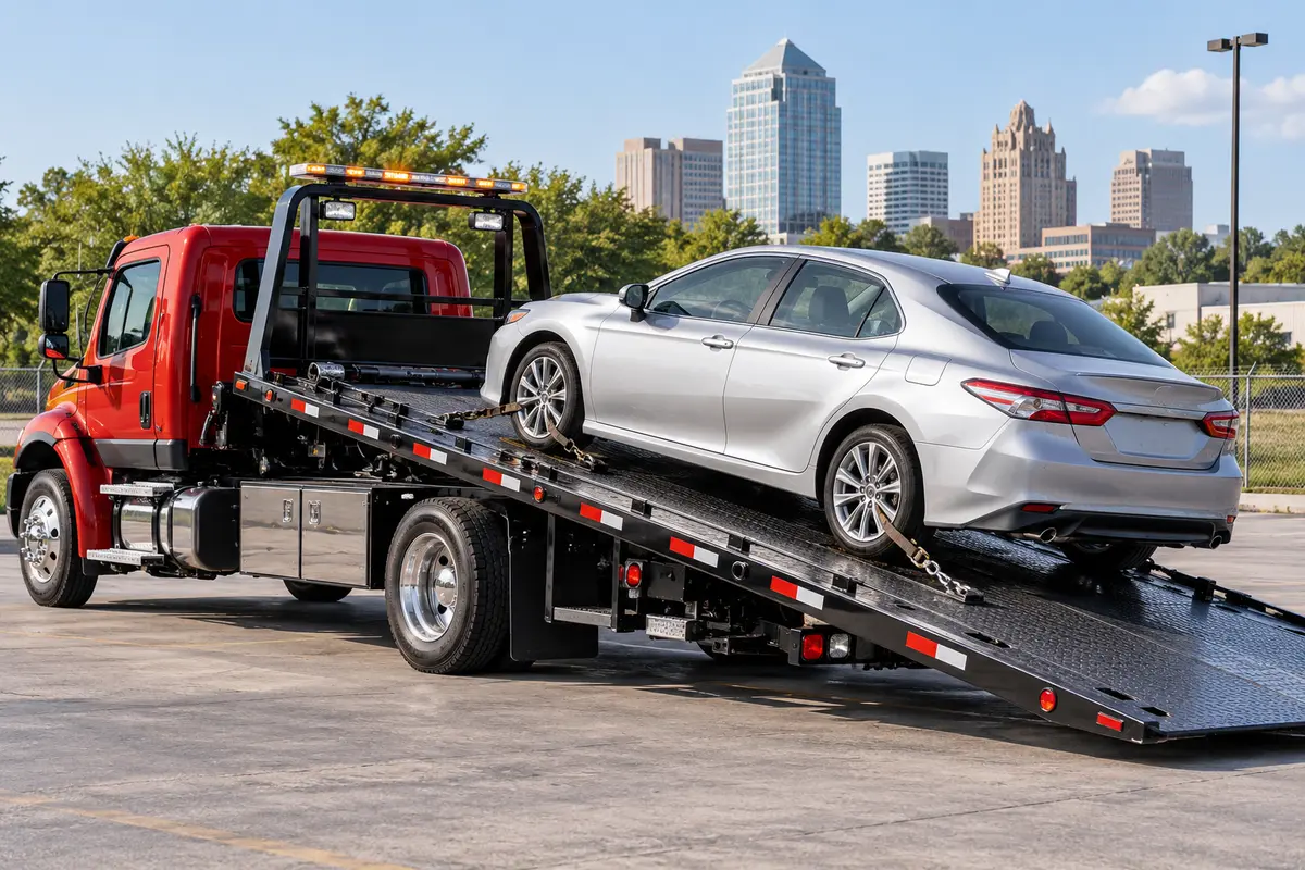 Flatbed tow truck loading a sedan