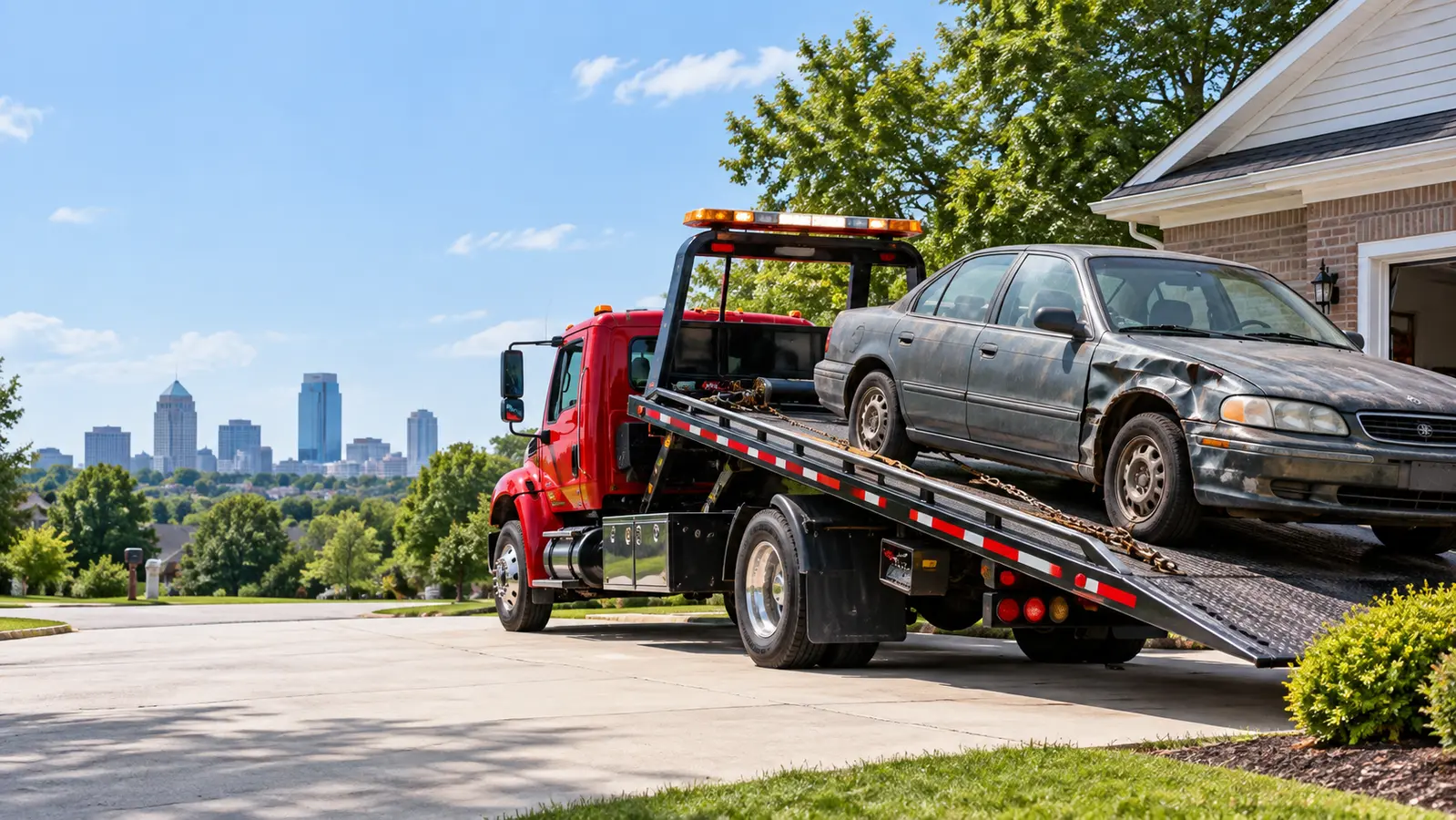 Tow truck picking up a damaged junk car in Greensboro