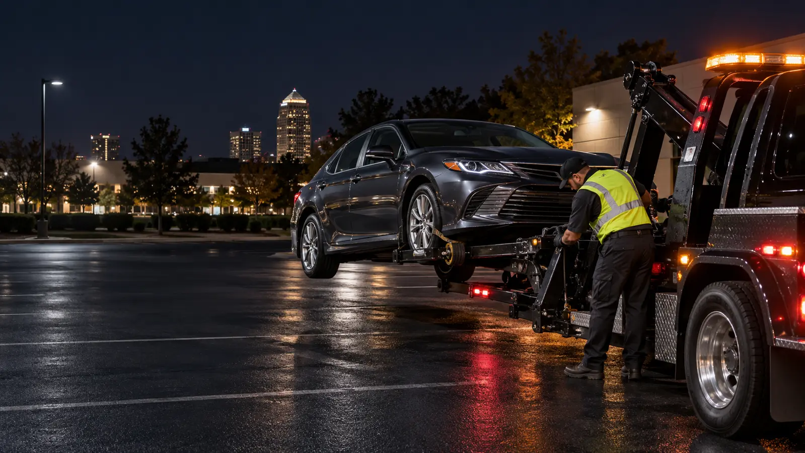 Professional vehicle repossession using a wheel-lift tow truck