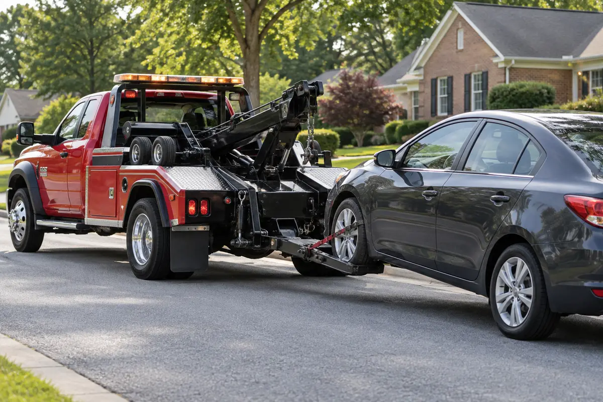 Wheel-lift wrecker towing a sedan on a residential street